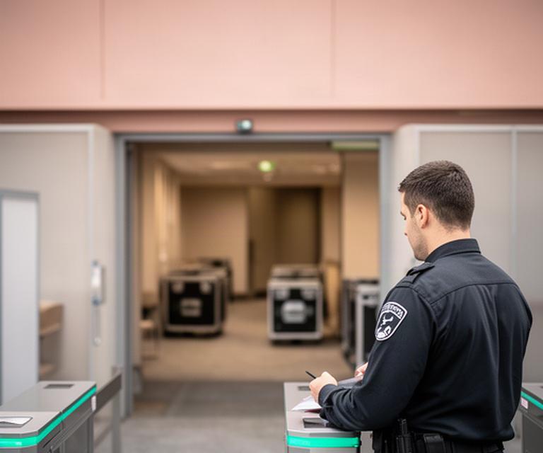 イベント会場の関係者入口で、出演者の到着に備えて導線を確認する警護担当者